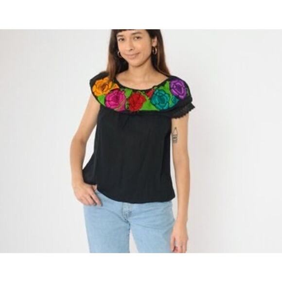 Boho Floral Embroidered Off Shoulder Peasant Top Black Crochet Festival Blouse M - Picture 2 of 10